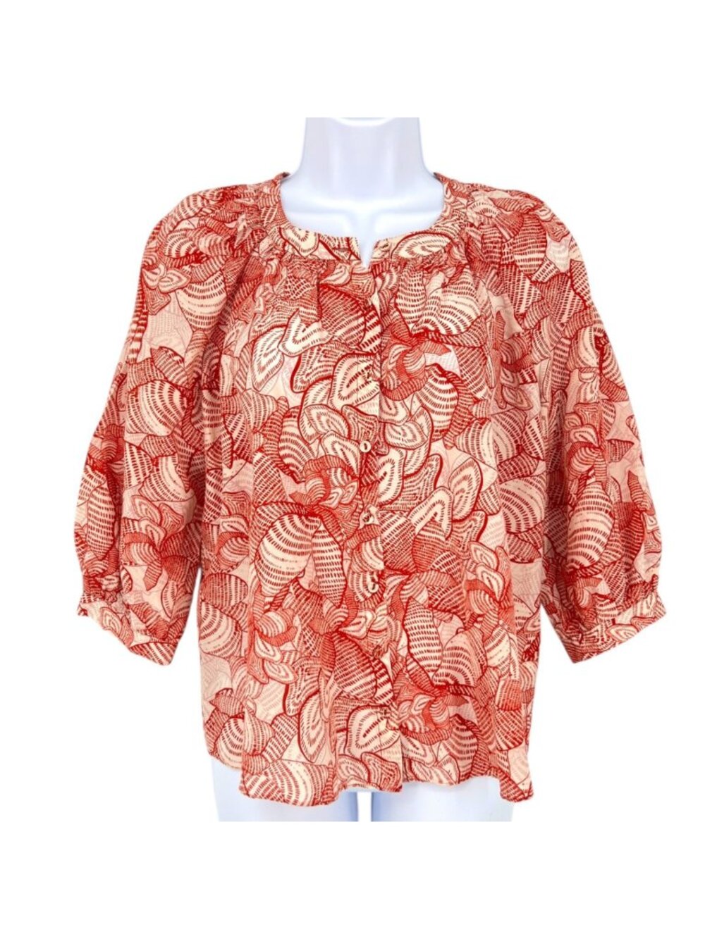Gilner Farrar Pleat Neck Linen Top Red Enchanted Botanical Blouse Size XS